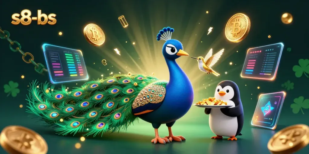 Engage with the vibrant s8-bs casino scene showcasing an aristocratic peacock, penguin butler, and golden hummingbird amidst crypto elements.