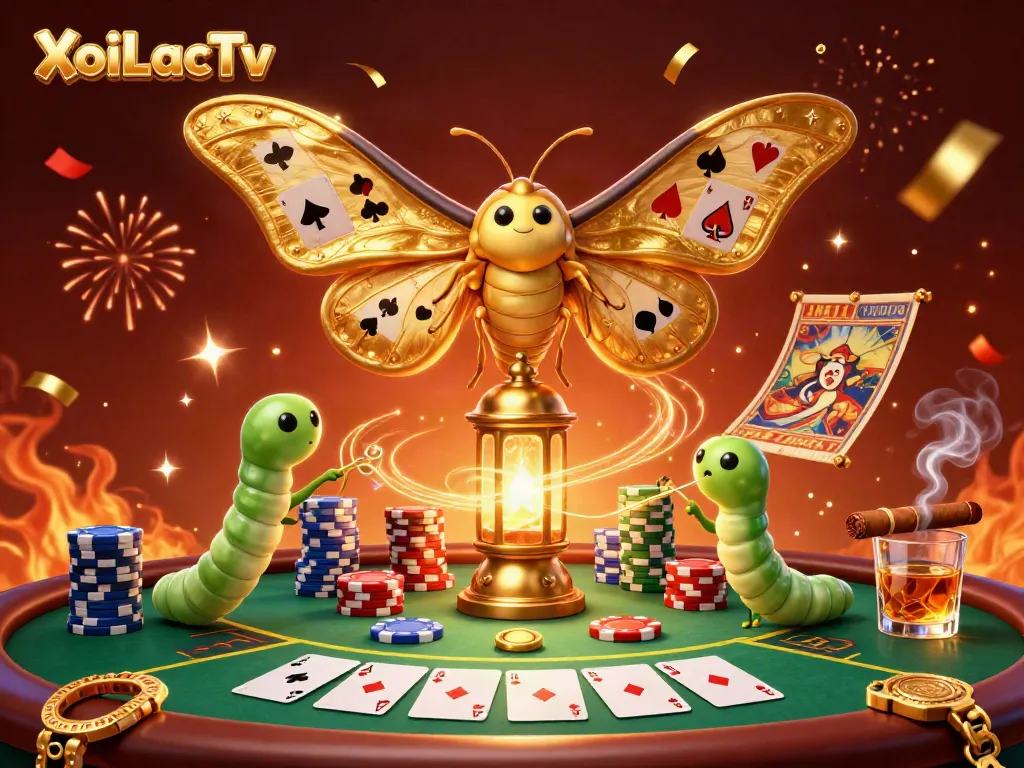 XoiLacTv showcases an enchanting 3D carnival scene featuring a golden butterfly among casino elements.