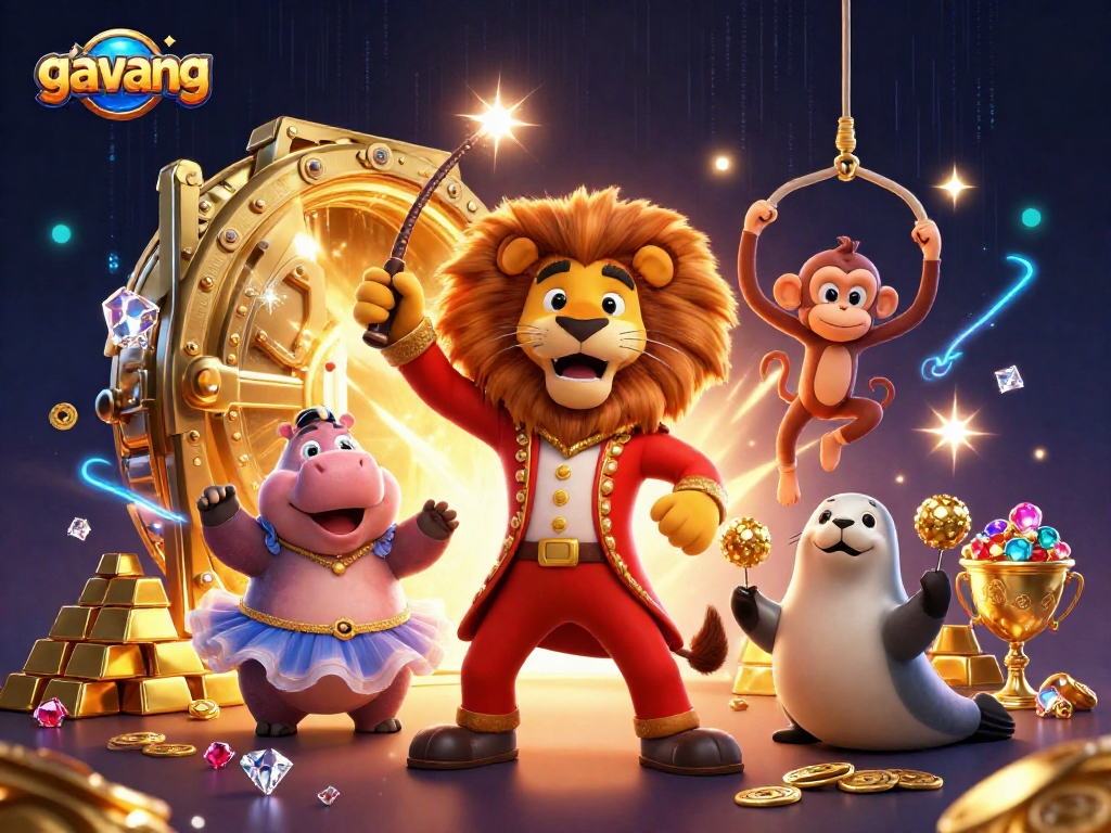 Experience the excitement at gavang with vibrant casino characters, jewels, and dynamic energy in a grand illustration.