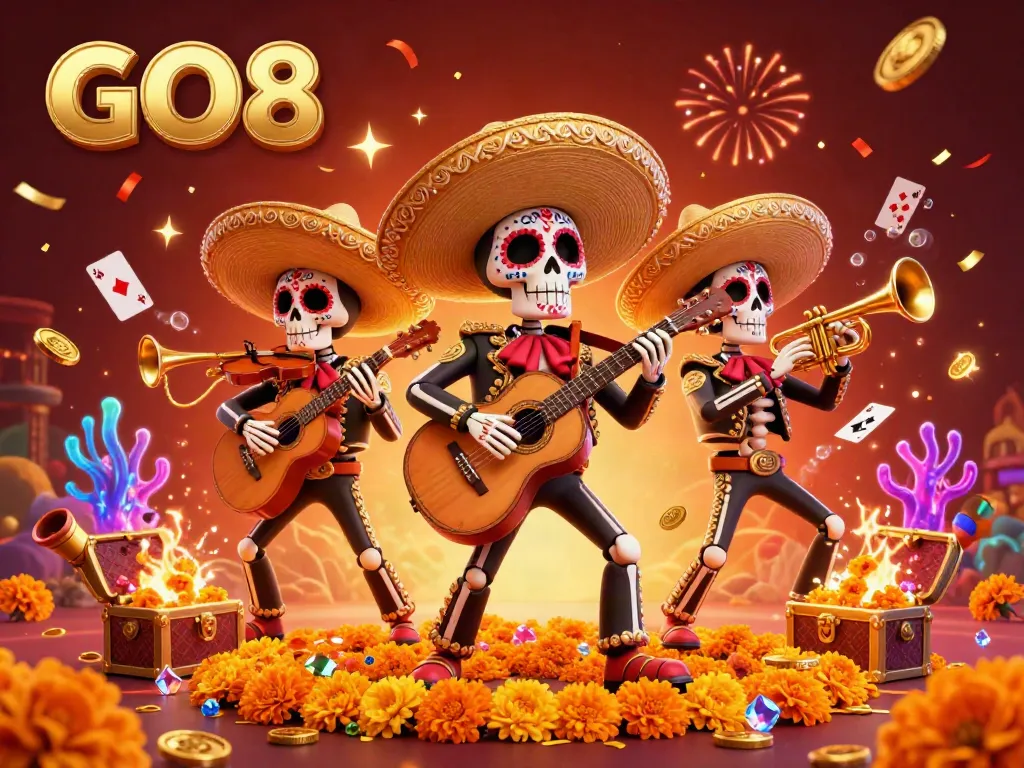 Engage with the vibrant scene featuring GO8's skeleton mariachi band in a lively casino atmosphere filled with confetti and gold treasures.