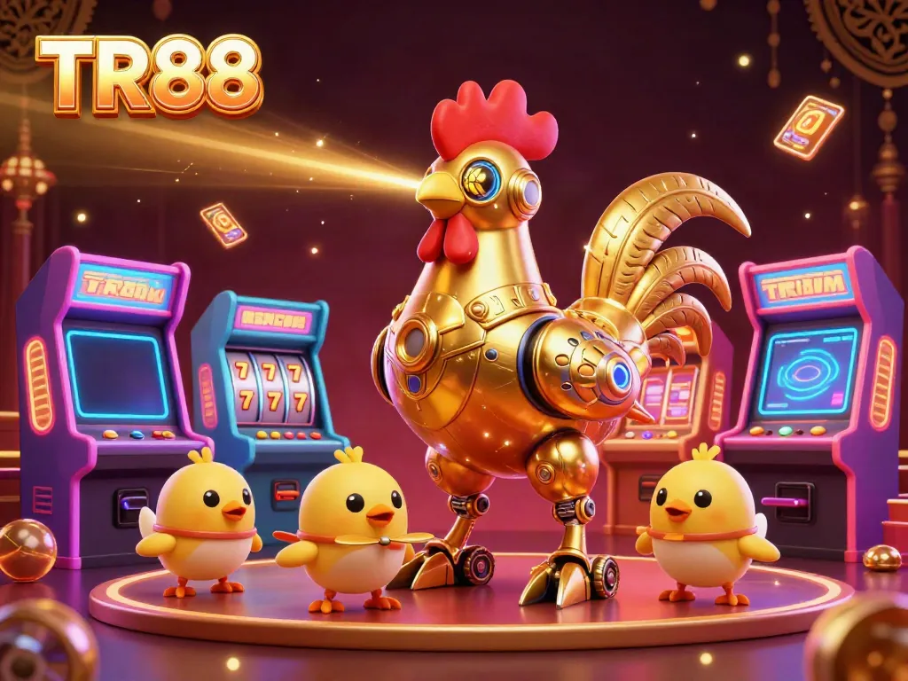 Experience the excitement of TR88 with a golden rooster robot and arcade-style gambling elements in vibrant 3D.