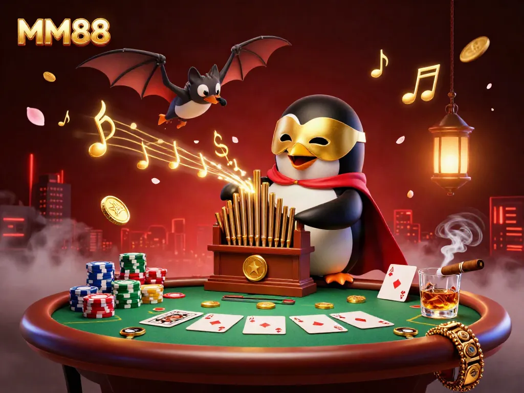 Experience the vibrant MM88 casino with a golden organ-playing penguin and dynamic poker scene.