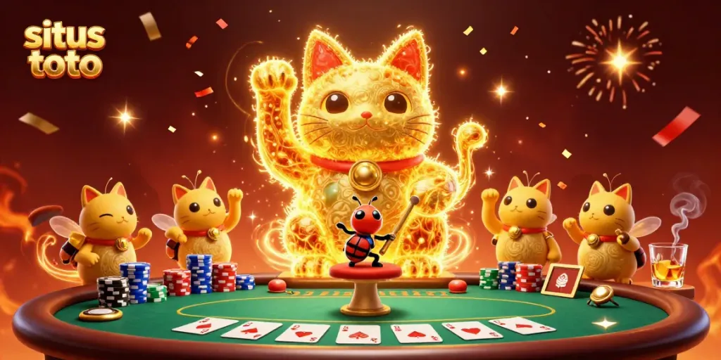 Experience gaming thrills at situs toto with this vibrant illustration of a lucky cat and poker elements.