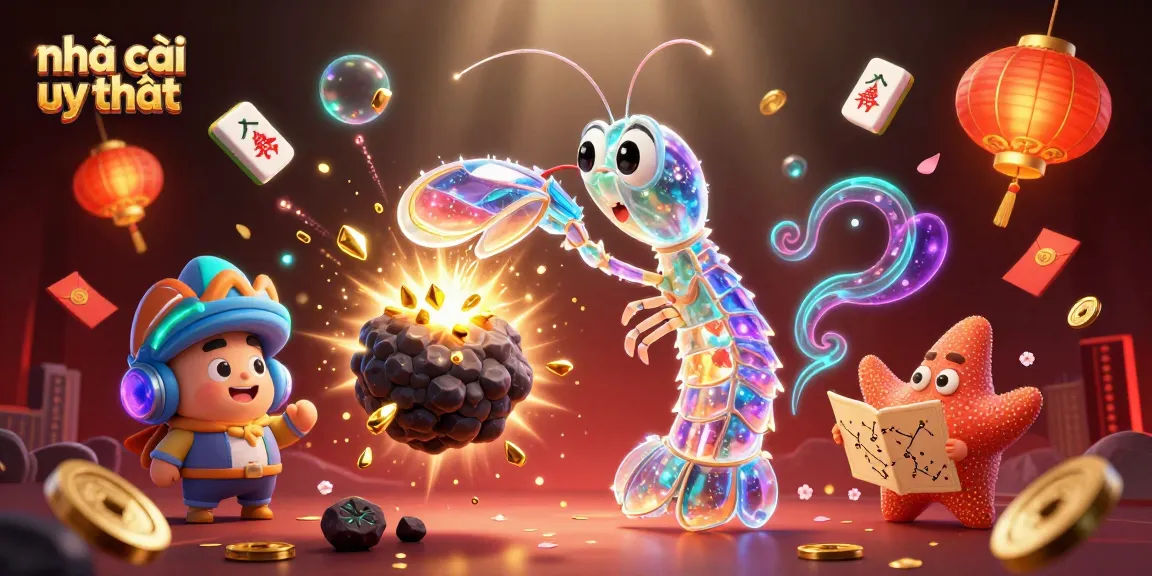 Engage with the vibrant world of nhà cái uy tín with a cartoon samurai mantis shrimp bursting gems in a dynamic casino universe.