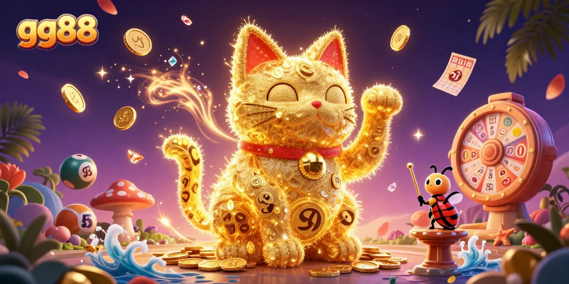 Experience luck and fortune with gg88, featuring a vibrant lucky cat surrounded by dynamic gaming elements.