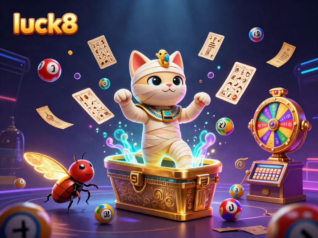 Play exciting lottery games with luck8 featuring an Egyptian mummy cat and dynamic casino elements.