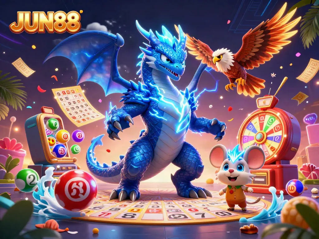 Experience thrilling gameplay and vibrant action featuring JUN88 in a stunning 3D illustration.
