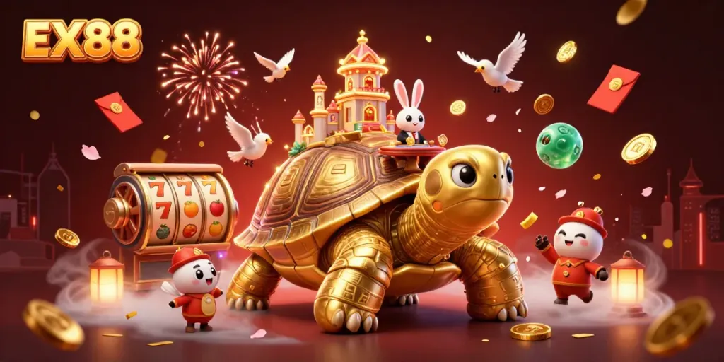 Engage with EX88 at the vibrant casino scene featuring a dynamic tortoise and floating slot reels.