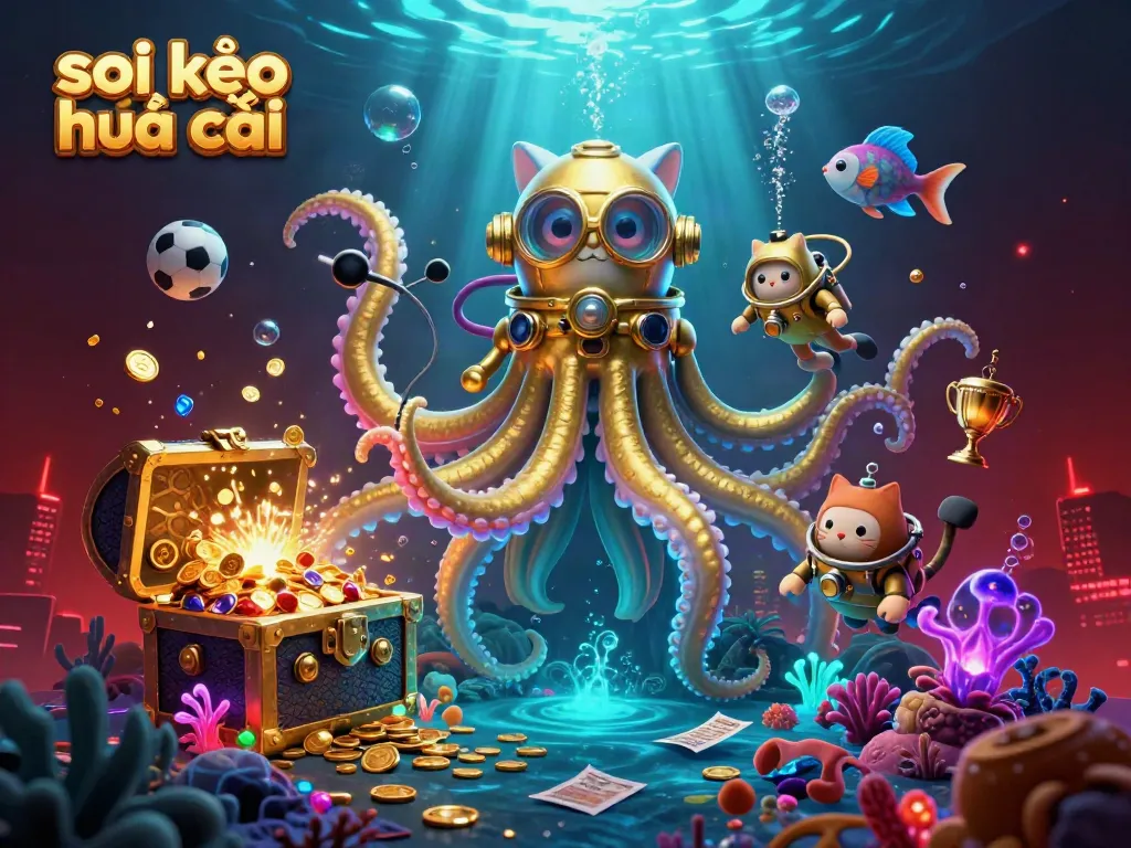 Play a thrilling bet with soi kèo nhà cái as a kraken and diving cat emerge from treasure-filled waters.