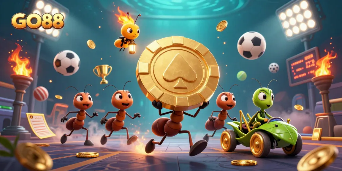 Join the GO88 adventure as ants execute a heist while surrounded by sports betting action.
