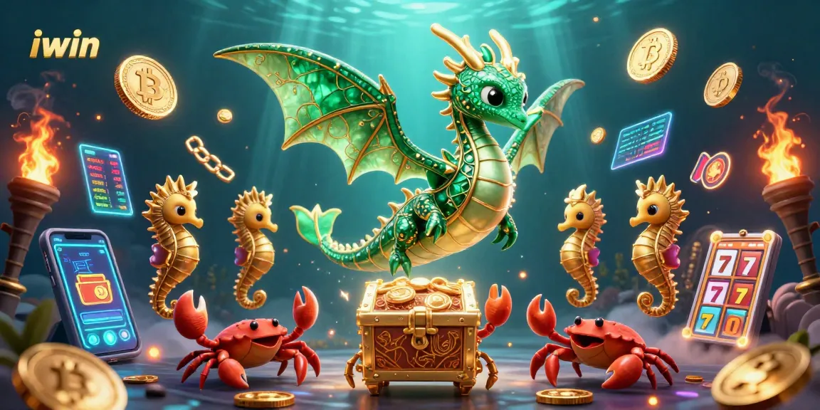 iwin offers a vibrant casino experience with a 3D dragon surrounded by casino elements and cryptocurrencies.