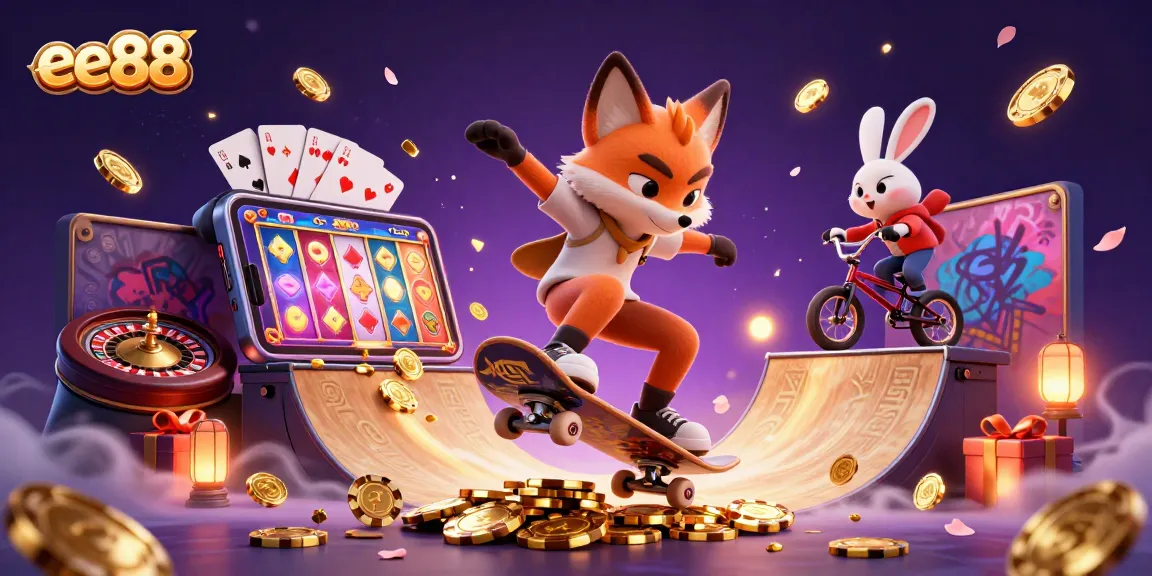 Watch the 3D fox and rabbit characters experience vibrant slots and casino games at ee88.