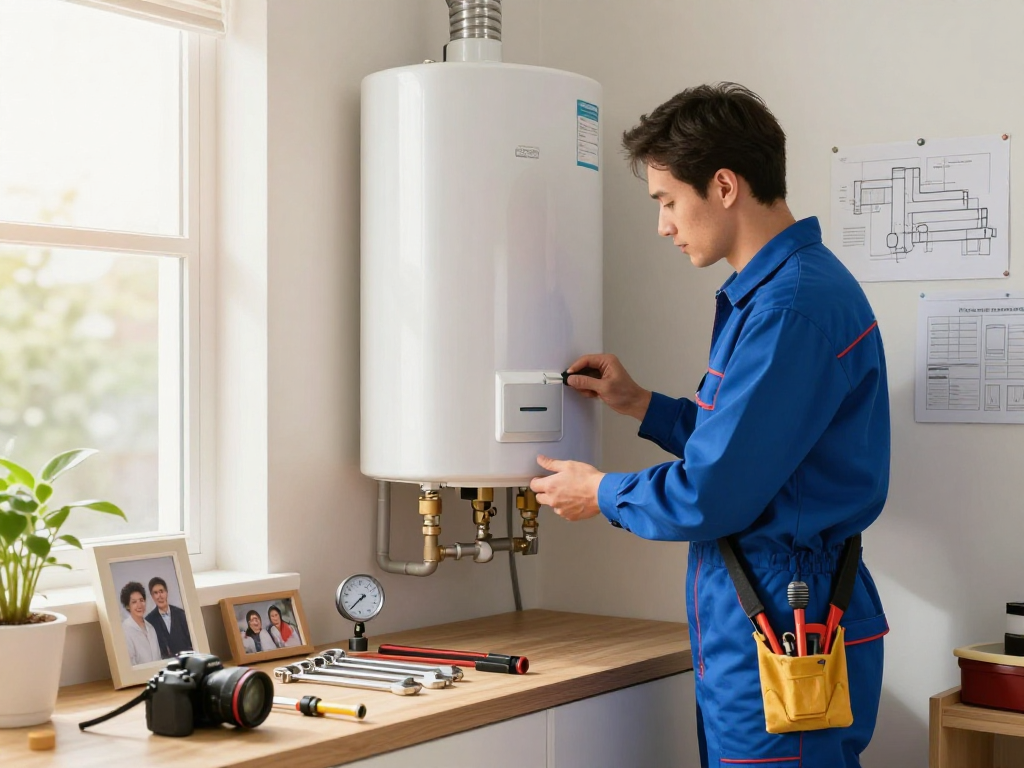 Expert plumber performing water heater repair Fort Worth in a cozy home setting surrounded by tools.