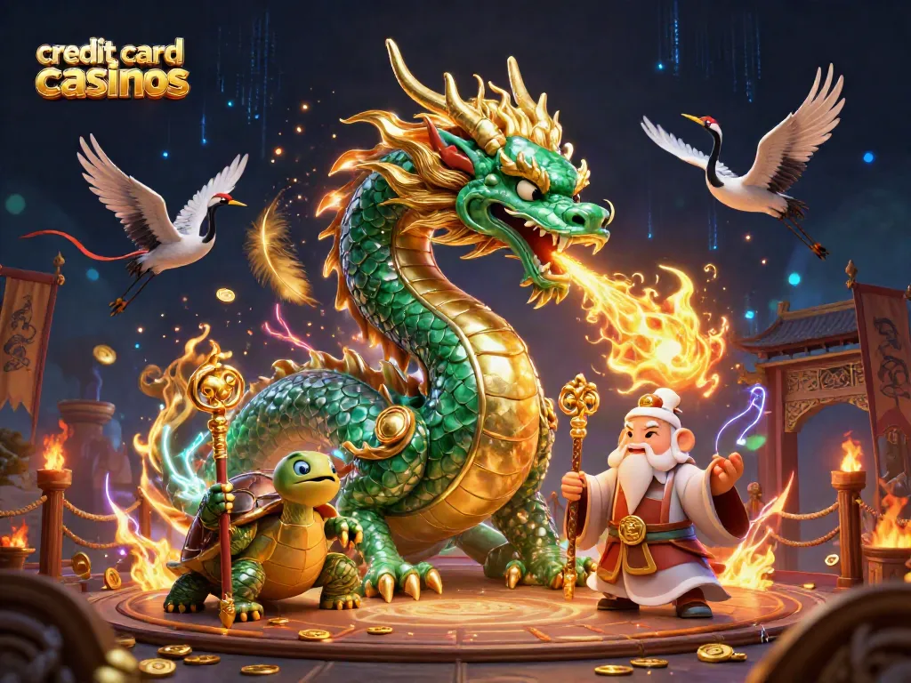 Experience the thrill of credit card casinos in an enchanting 3D scene with mystical creatures.
