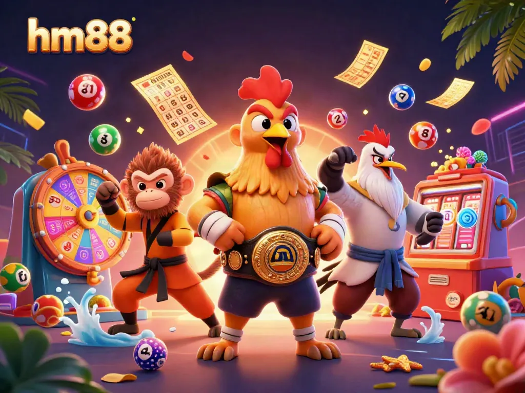 Experience the thrill of casino gaming with hm88, featuring playful characters in a vibrant gambling-themed scene with lottery elements.