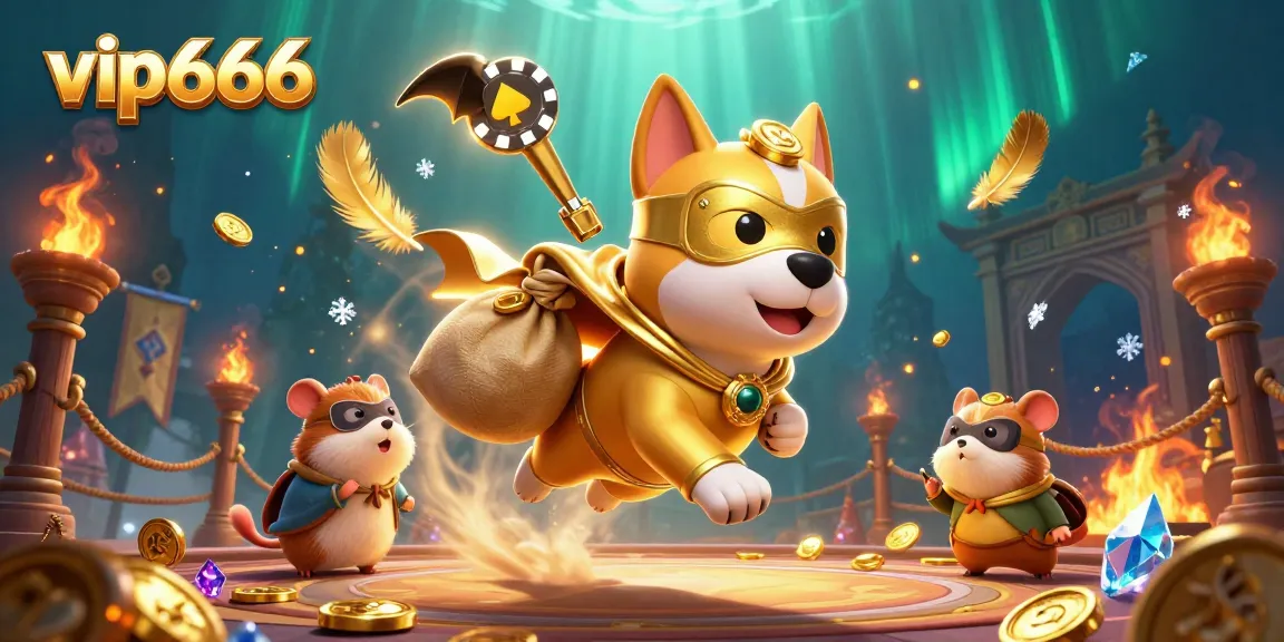 Win big with vip666 in a dynamic casino scene featuring a superhero dog and vibrant gambling elements.