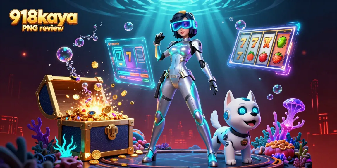 918kaya PNG review showcasing a stunning woman and a robot dog amid vibrant slot game visuals.
