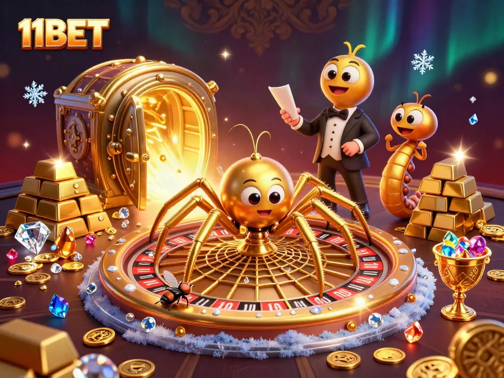 Spin the roulette wheel with 11BET's golden spider and centipede croupier in a dazzling casino scene