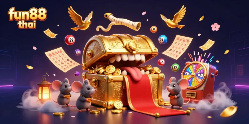 Engage with fun88 thai as treasure chest mimics lure adventurer mice in a vibrant casino scene.