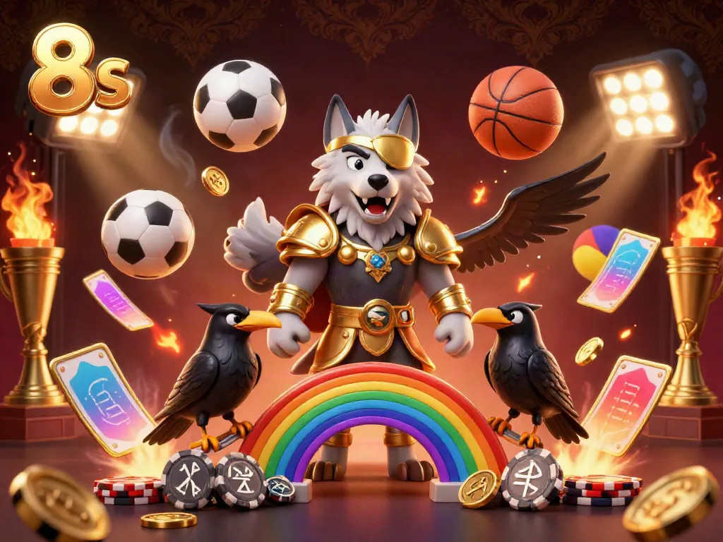 Experience thrilling betting action at 8s with a lively scene featuring Odin wolf and sports elements