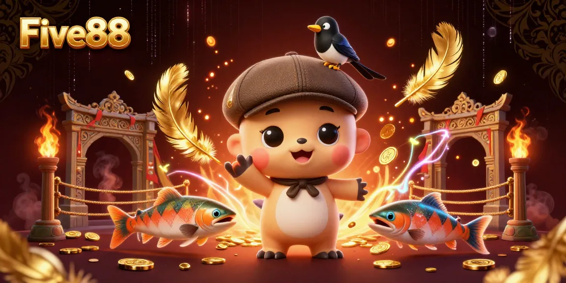 Experience thrilling moments at Five88, where playful characters engage in dynamic casino adventures with gold coins and exciting game elements.