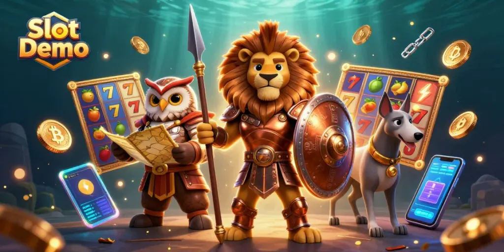Engage with thrilling Slot Demo games featuring vibrant slot reels and action-packed characters.