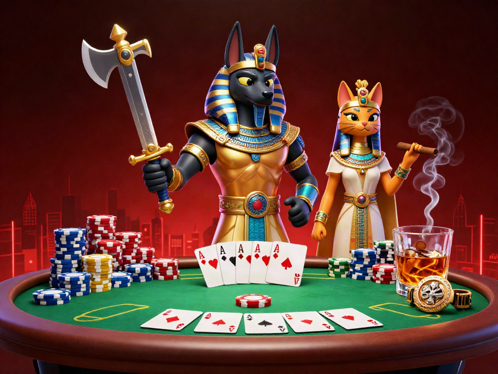 Experience thrilling gameplay with NK888 featuring Anubis and Bastet surrounding a poker table.