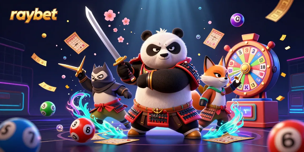 Raybet showcases a dynamic scene of a samurai panda and a ninja fox amidst colorful lottery elements.