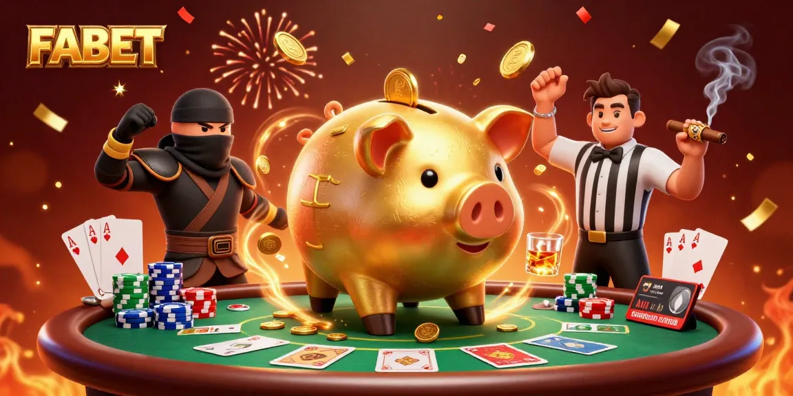 Experience thrilling FABET action with a vibrant cartoon illustration of gambling characters and immense winning moments.