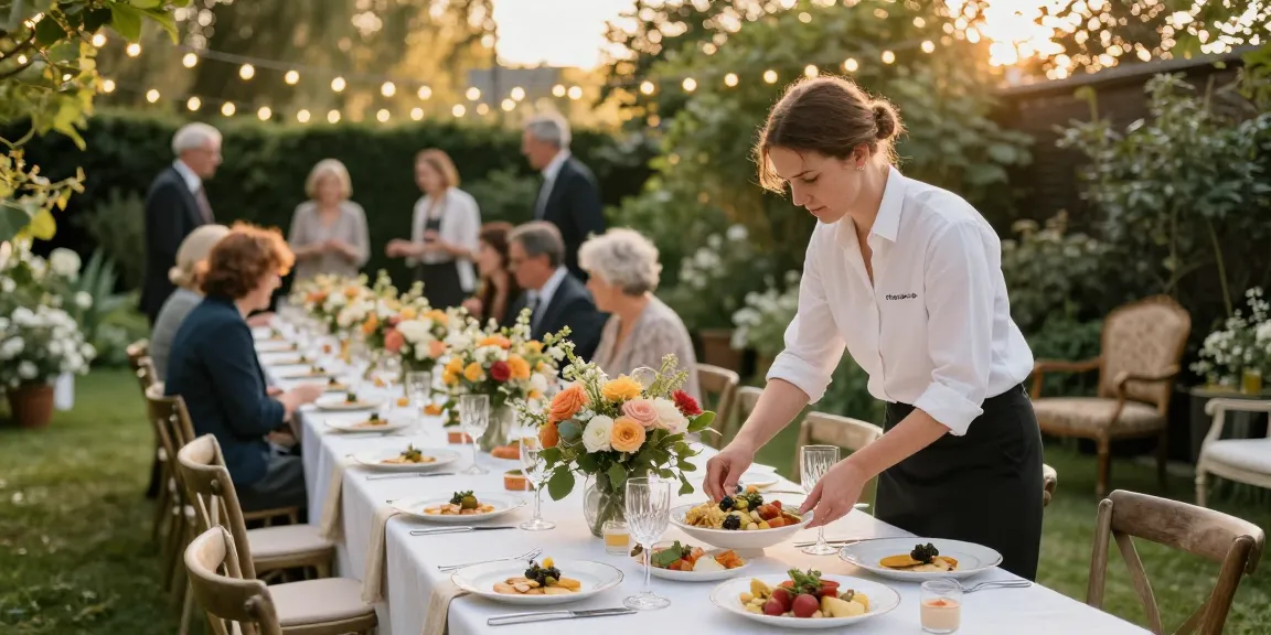 Catering Hire London setup for an elegant garden party with beautiful dishes and floral decor.