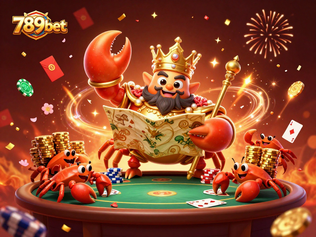 Winning at 789bet with a joyful golden crab emperor and vibrant casino elements