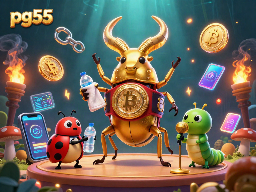 Engage in the pg55 betting showdown with vibrant crypto elements and dynamic casino characters.