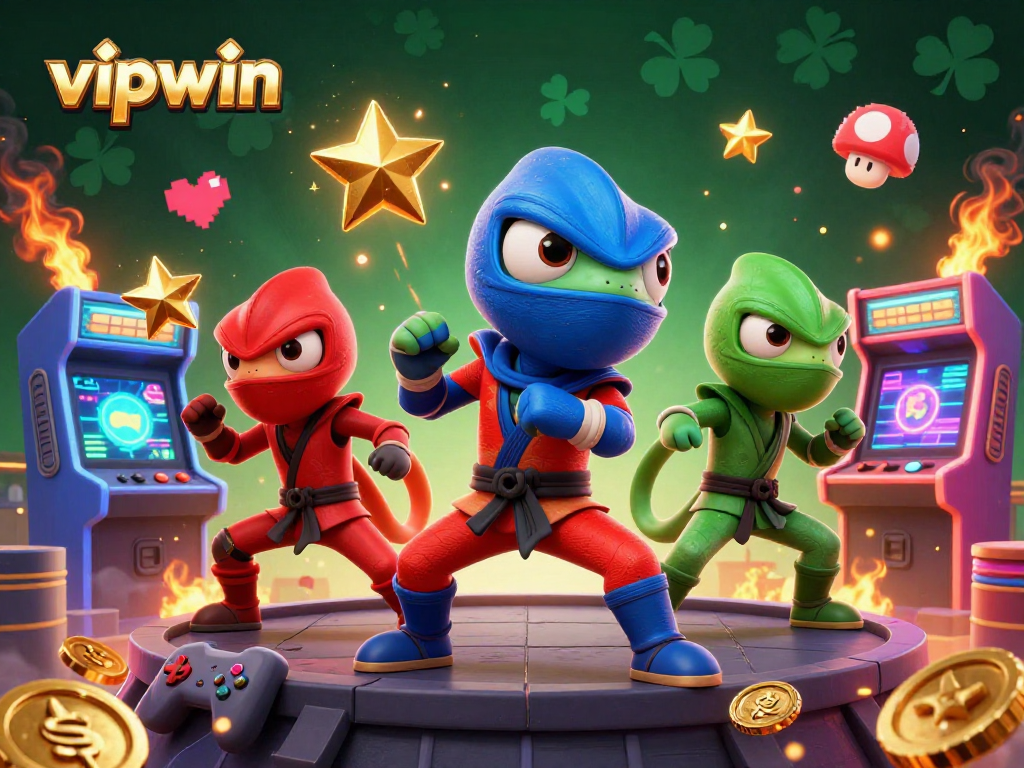 Experience the thrilling action with vipwin's ninja chameleons showcasing dynamic martial arts moves amid vibrant gaming elements.