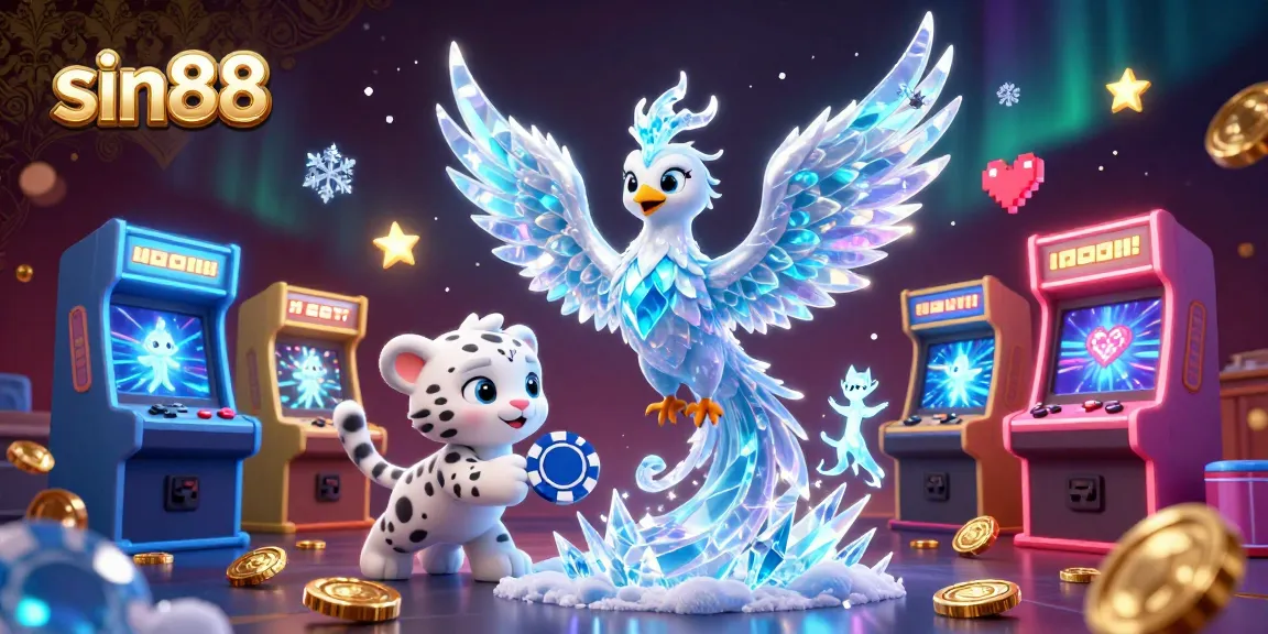 Engage with sin88's vibrant casino magic featuring a whimsical ice phoenix, interactive games, and playful sprites.