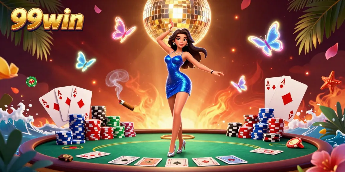 Experience the vibrant world of 99win with a glamorous casino scene, capturing the spirit of poker and fun.