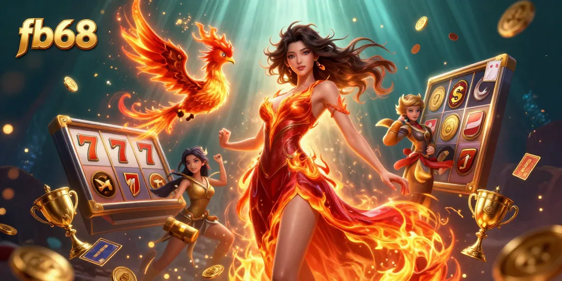 Engage with fb68's thrilling casino excitement through vibrant slot reels and energetic characters.