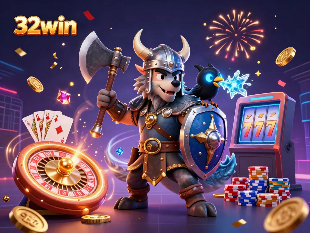 Win big with 32win as the Viking wolf warrior battles alongside a fierce dragon in this thrilling casino illustration.