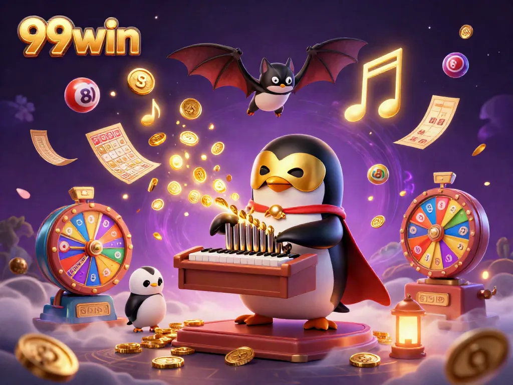Experience thrilling wins at 99win with a whimsical casino scene featuring a penguin playing an organ shooting coins.
