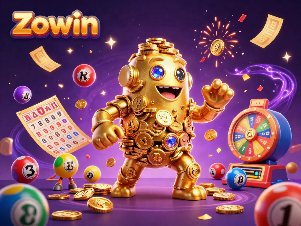 Engage with Zowin's vibrant gaming world, featuring a golden golem and exciting lottery elements.