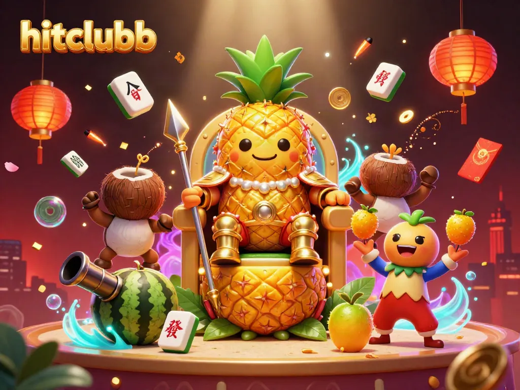 A colorful beach casino scene showcasing hitclubb with a golden pineapple king and vibrant game elements.