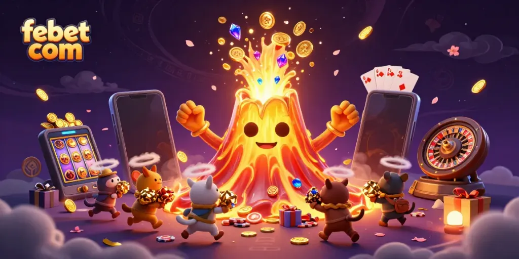 Experience the excitement of febet com with a golden volcano erupting treasures amidst a vibrant casino scene.