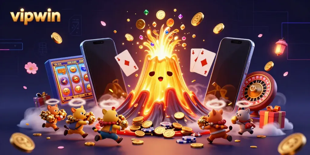 Experience the excitement of vipwin's casino world with a golden volcano erupting coins and treasure in a vibrant 3D scene.