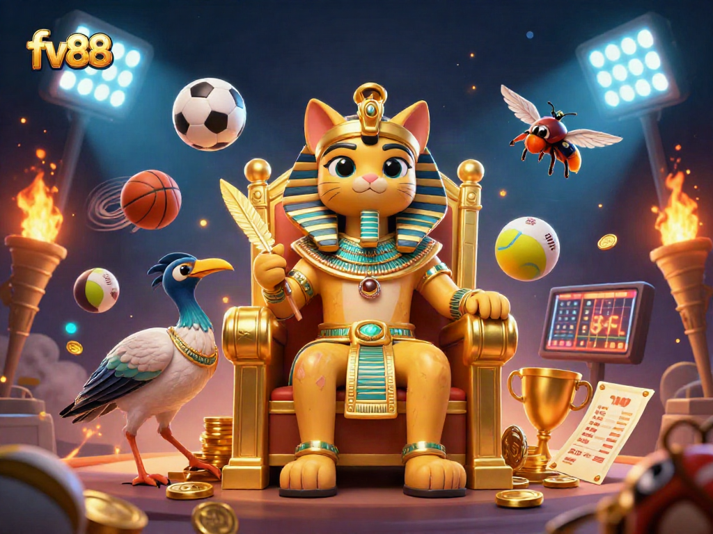 Bet on thrilling sports action at fv88, featuring Egyptian Lucky Cat in a vibrant casino atmosphere.