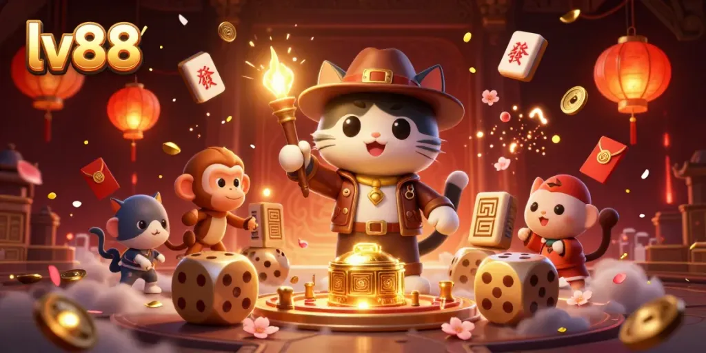 Engage with the immersive world of lv88, revealing a golden casino treasure amidst vibrant game elements.
