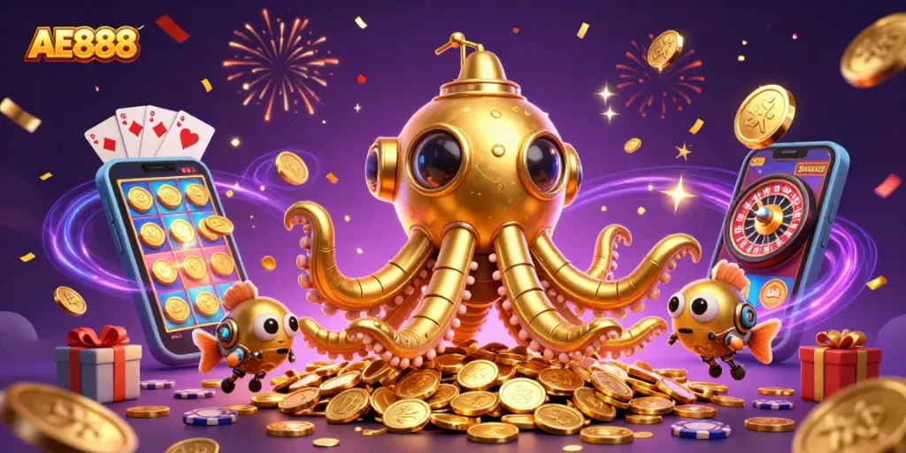 Experience AE888 with a golden kraken and vibrant casino elements, thrilling action in gaming.
