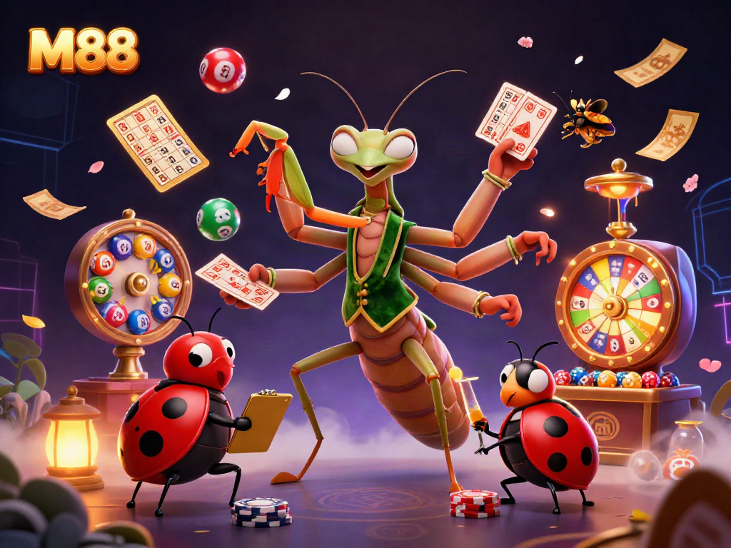 M88 casino scene showcasing a giant praying mantis card sharp and ladybug pit boss amid vibrant lottery elements.