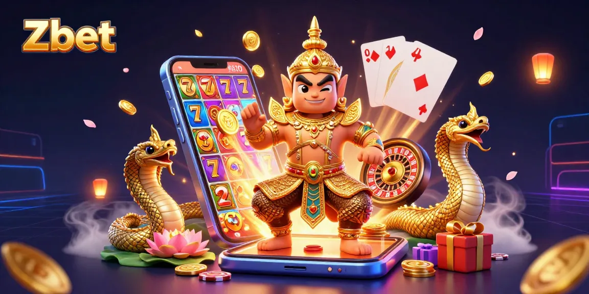 Zbet promotions and slot gaming showcased with vibrant illustrations of a guardian and gaming elements.