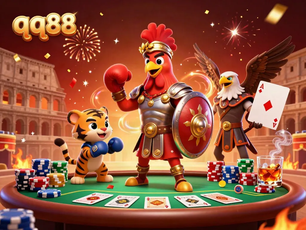 Experience thrilling gameplay at qq88 with the dynamic gladiator rooster and poker elements illustrated.