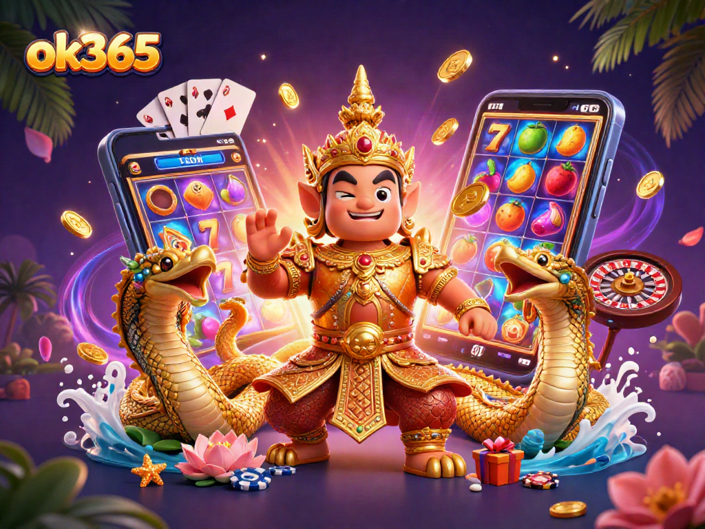 Spin thrilling slot games at ok365 featuring a vibrant 3D illustration of guardians and gold!