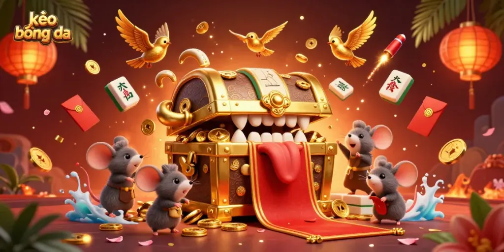 Experience kèo bóng đá excitement with a golden treasure chest luring adventurer mice, surrounded by rich gambling icons.